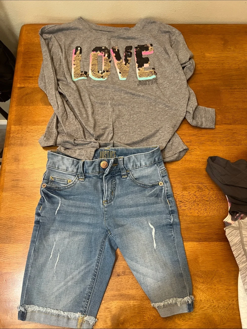 BUNDLE Justice Grey 'LOVE' Sequin Top with Denim Bermuda Shorts Size 10-12Y